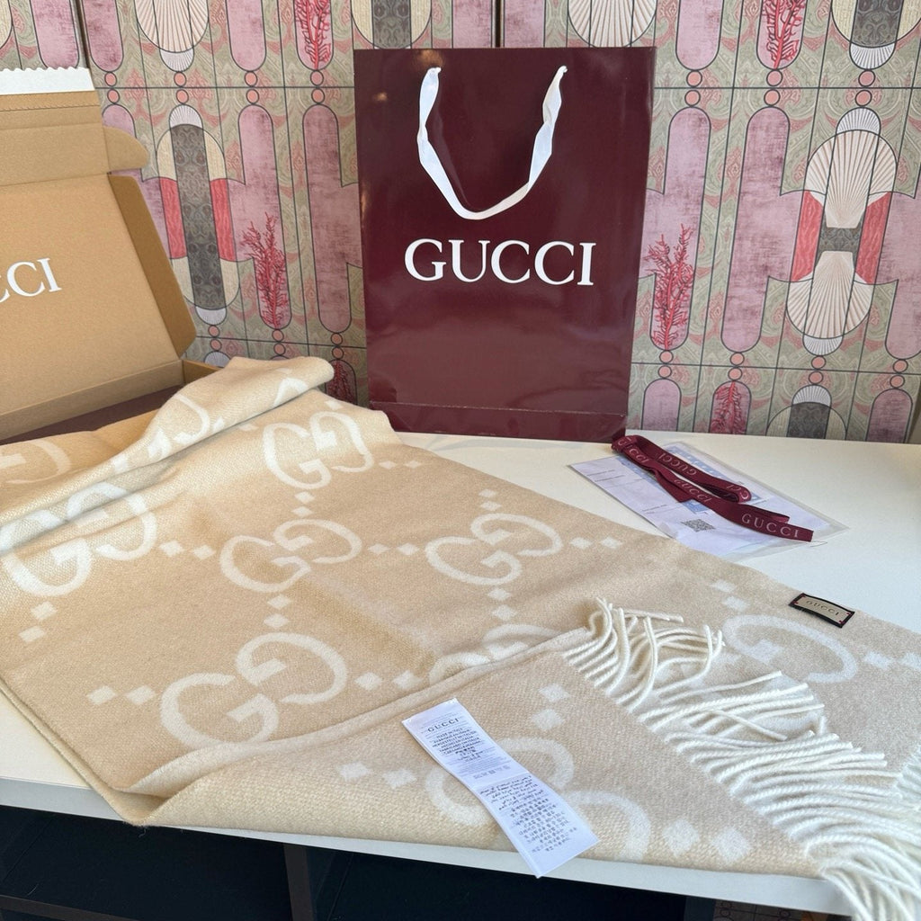 Gucci Beige Cream GG Fringe Scarf — front