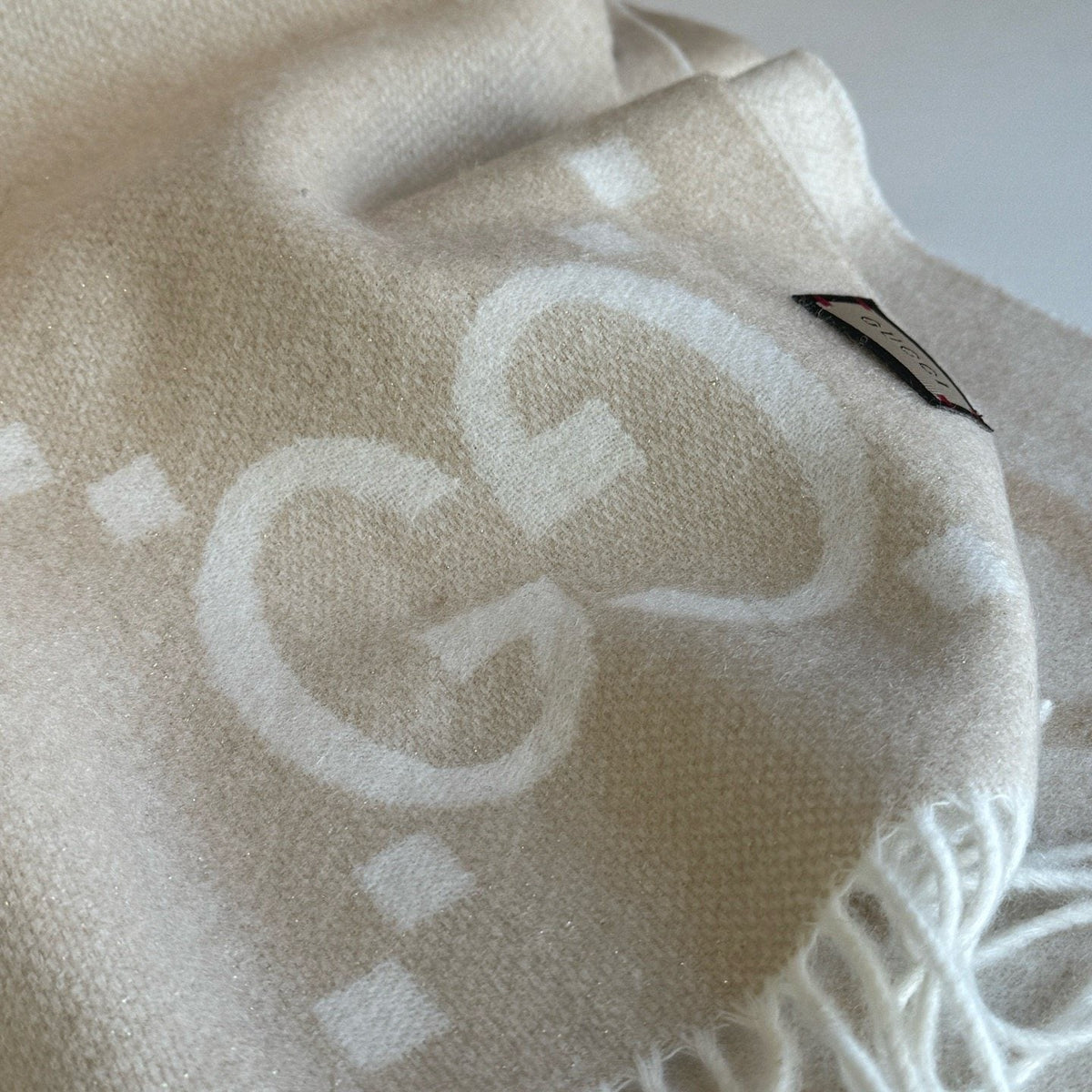 Gucci Beige Cream GG Fringe Scarf — detail