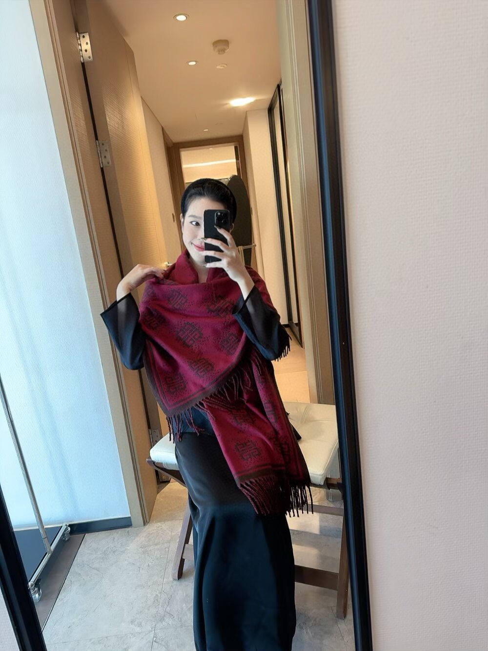 GIVENCHY Burgundy Geometric Fringed Scarf — model