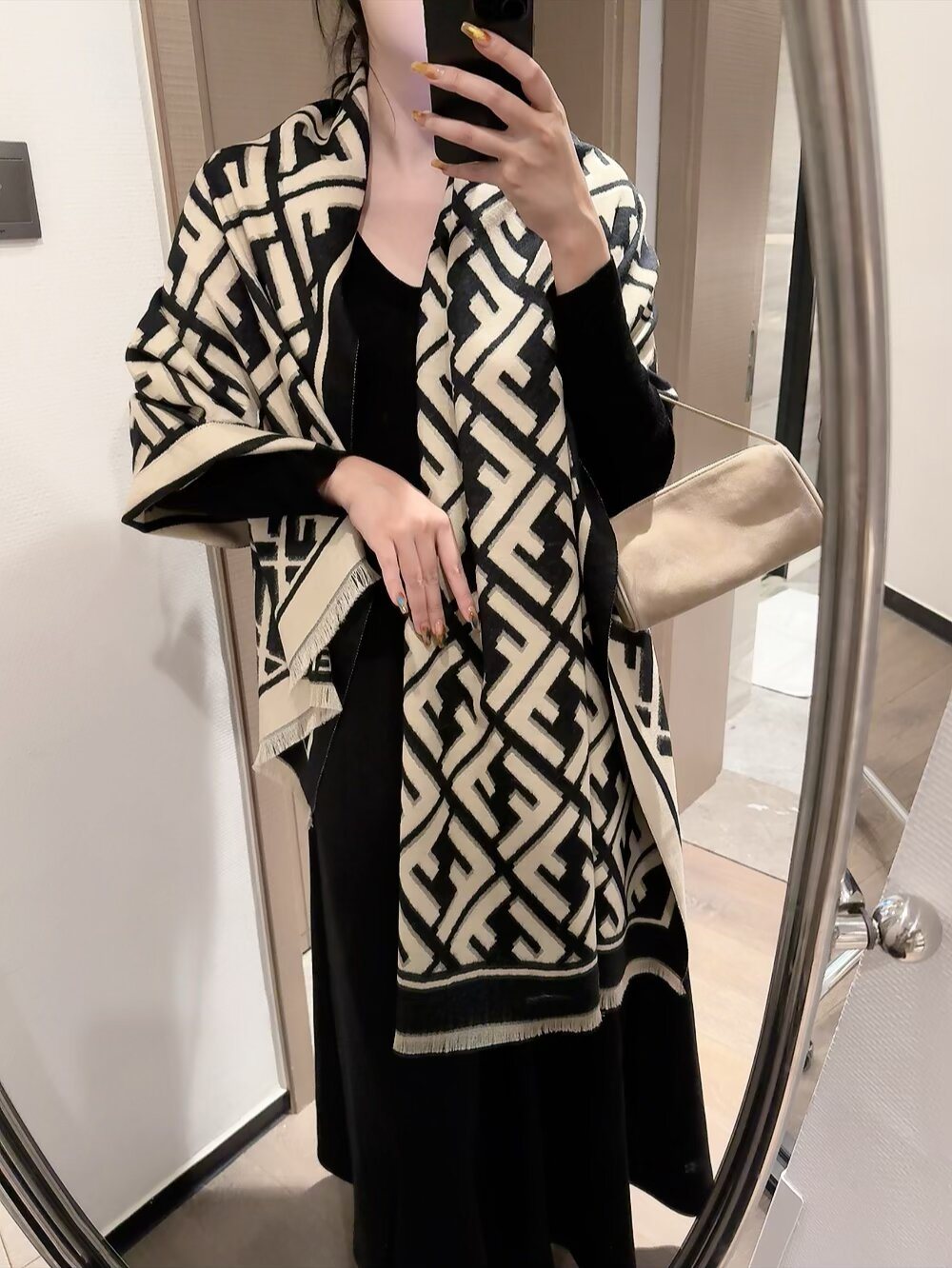 FENDI Black & Beige Monogram Scarf — model