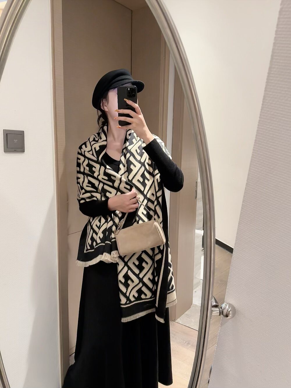 Fendi Geometric Monogram Fringe Scarf — model