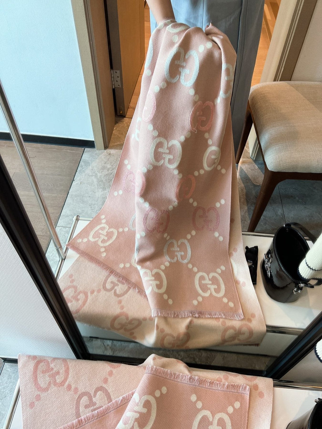 Gucci Beige Brown Ivory Monogram Fringed Scarf — front