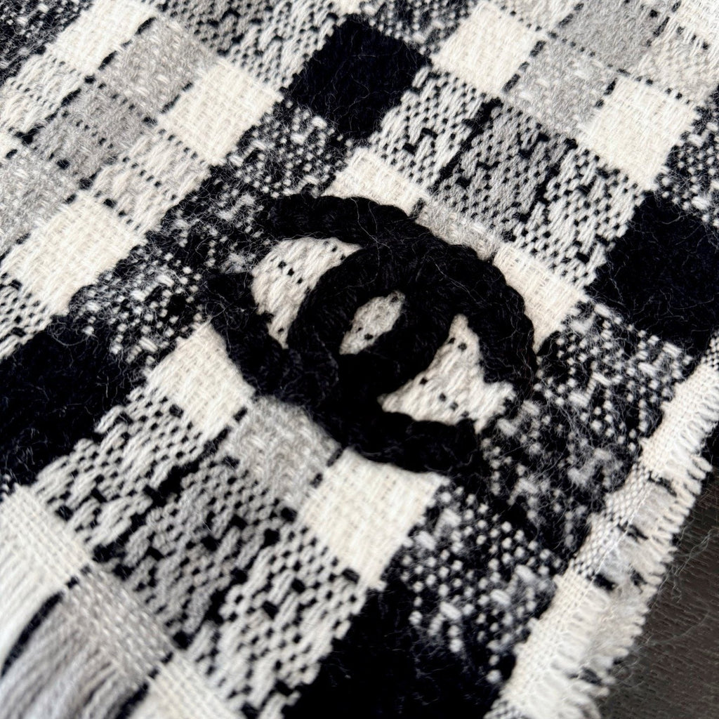 Chanel Black and White Plaid Fringed Scarf — detail