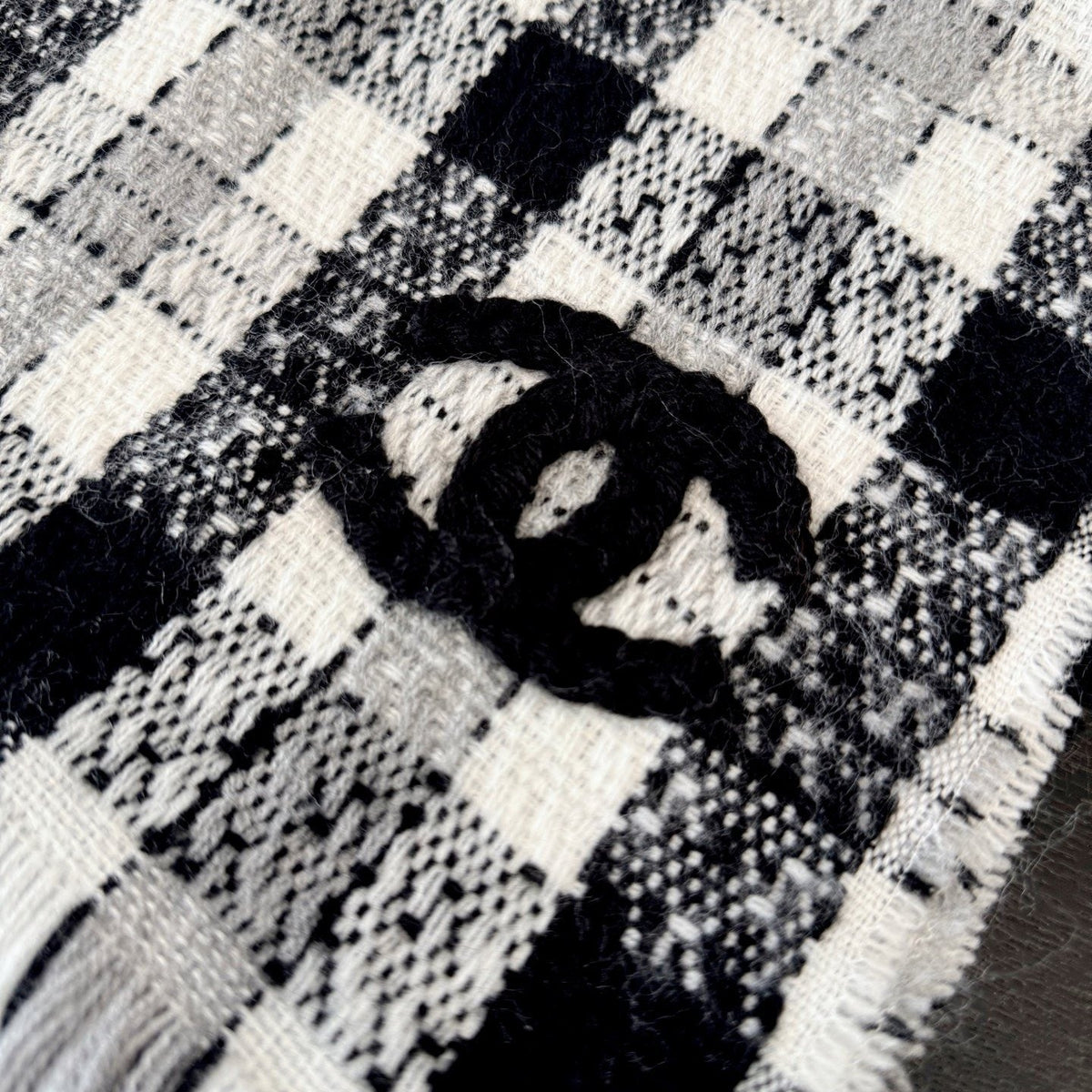 Chanel Black and White Plaid Fringed Scarf — detail