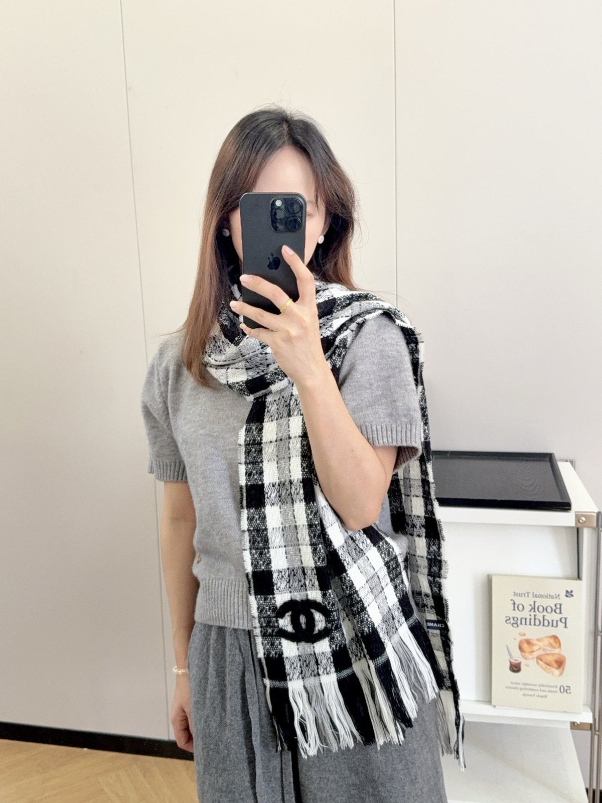 Chanel Black and White Plaid Fringed Scarf — model