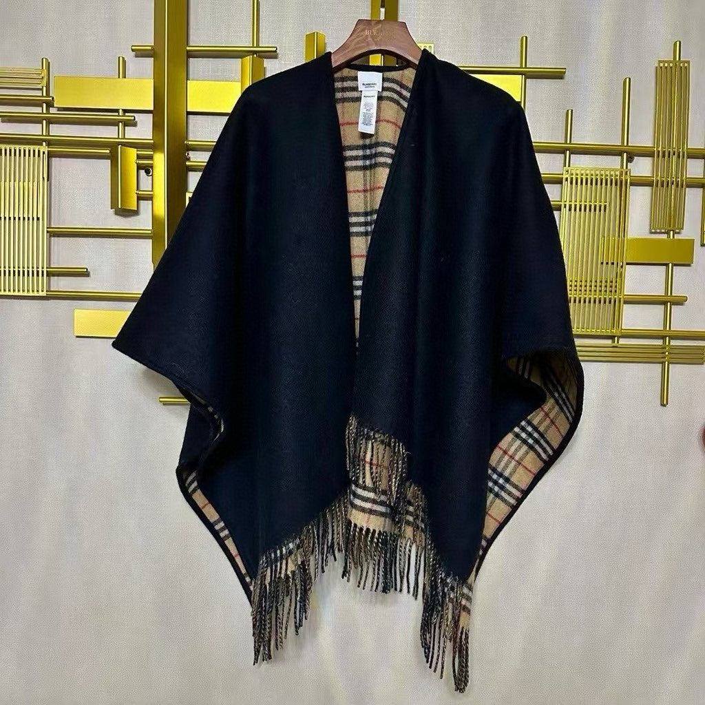 Burberry Reversible Plaid Fringe Cape Shawl — back