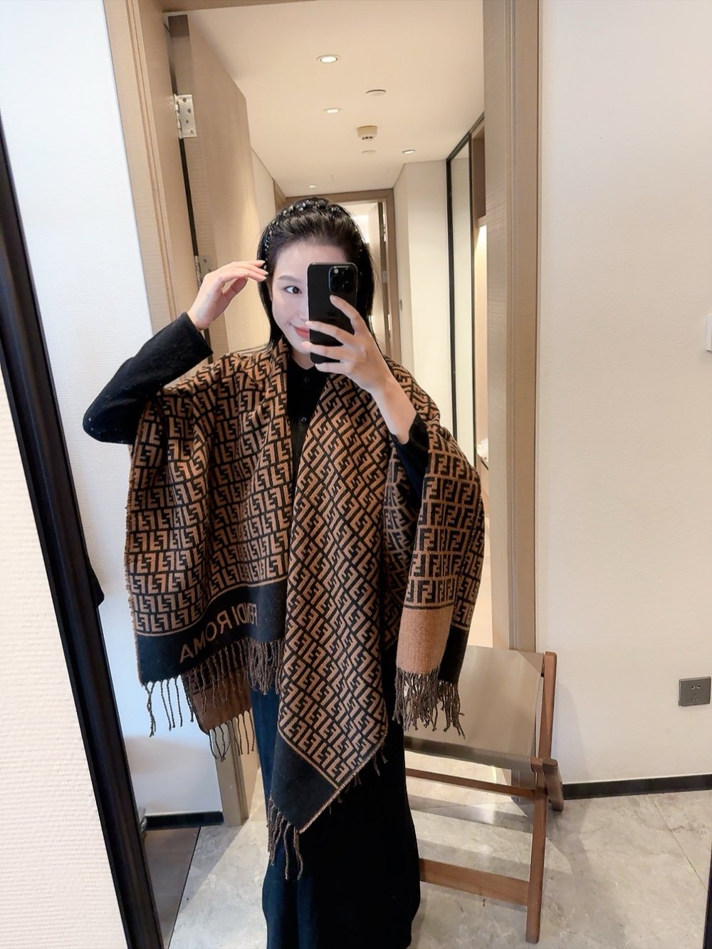 Fendi Geometric Fringed Poncho — model