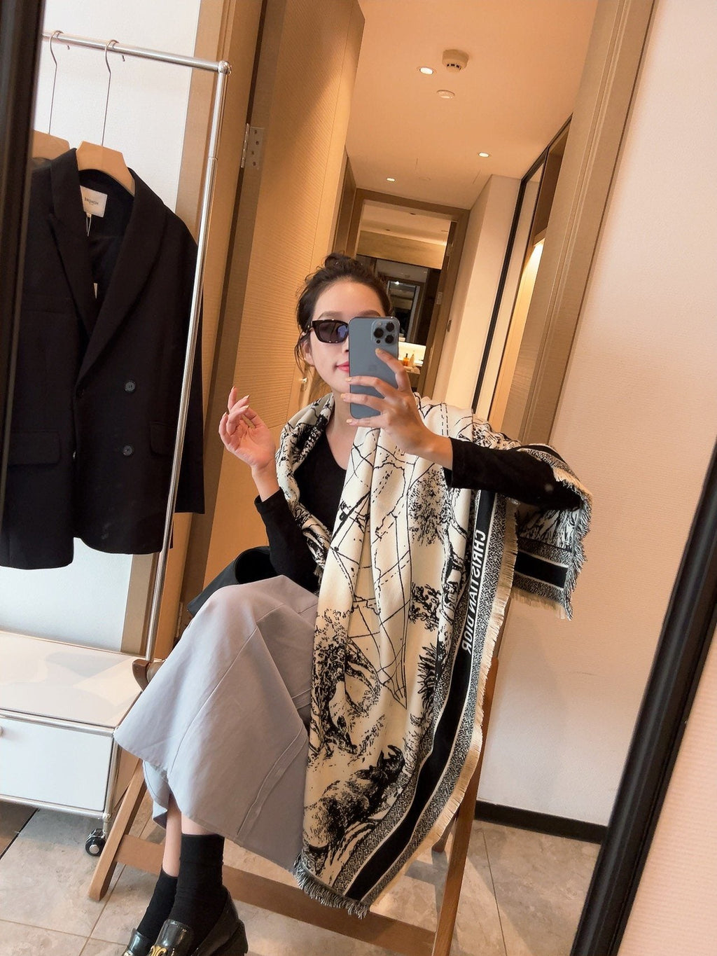 Dior Ivory and Black Toile Shawl — model