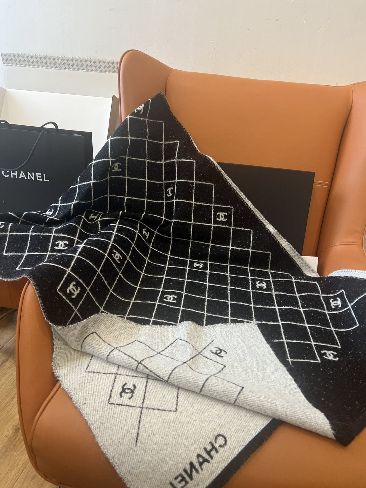 Chanel Black & Ivory Grid Shawl — front