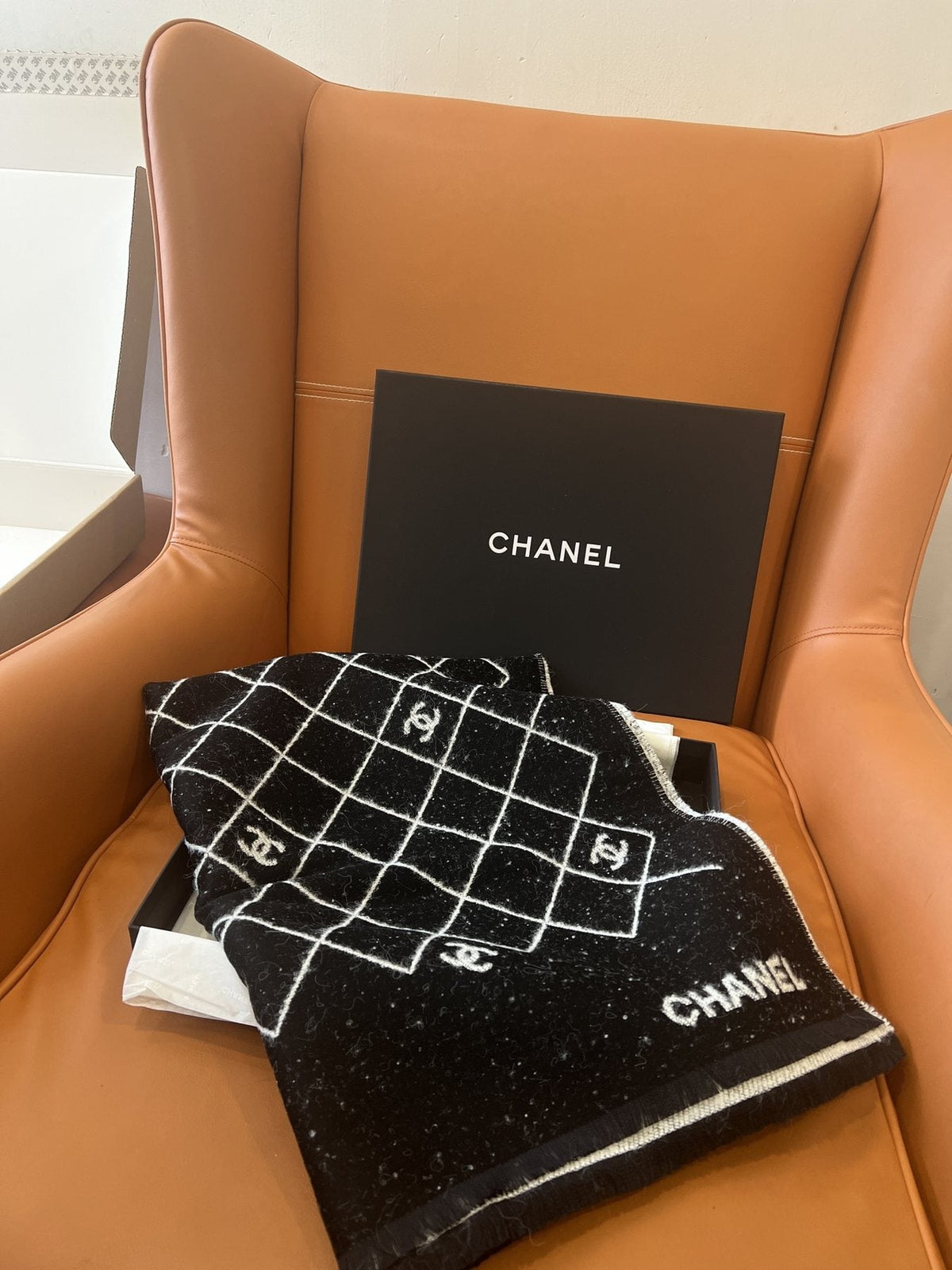 Chanel Black & Ivory Grid Shawl — front