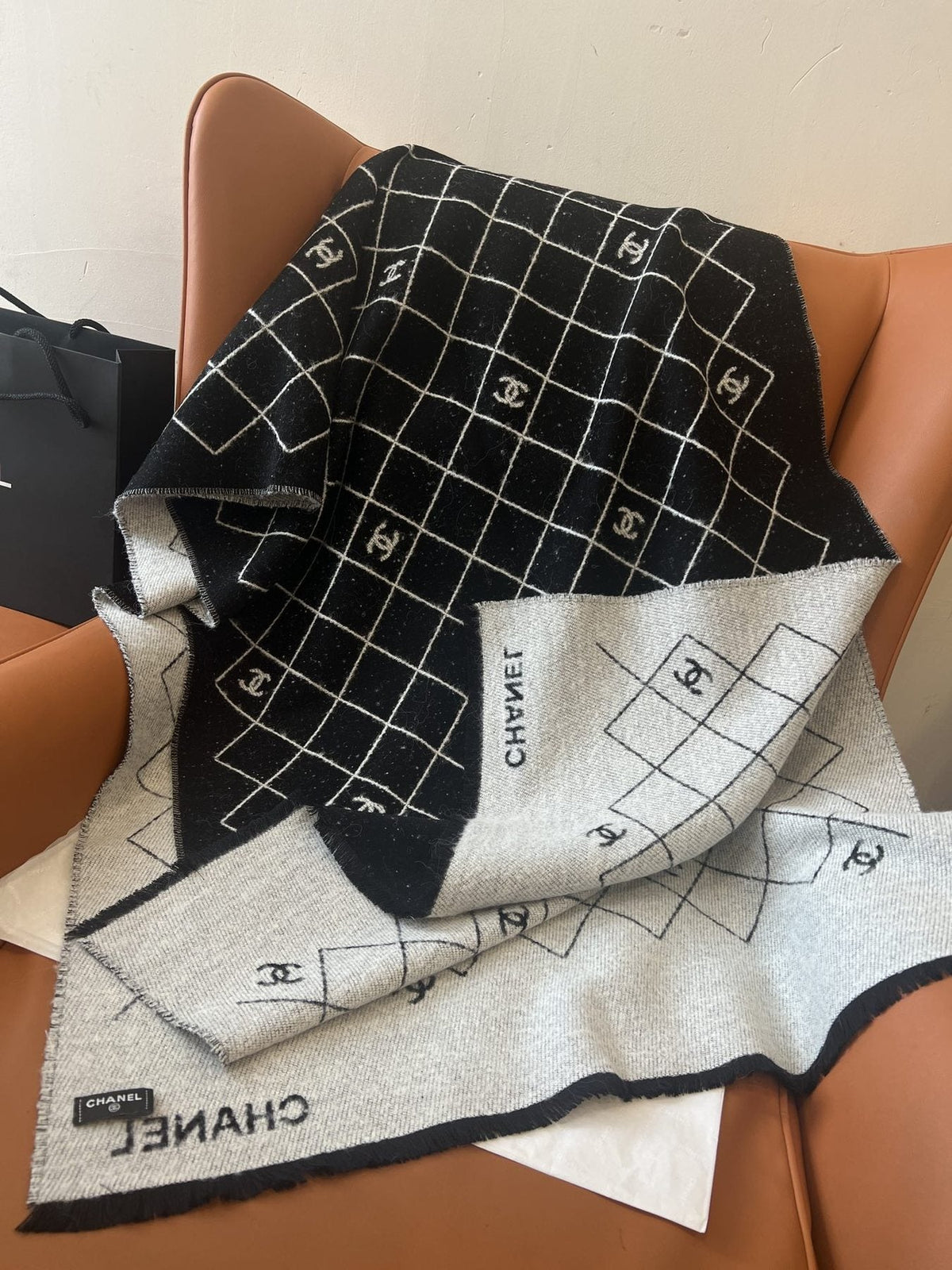Chanel Black & Ivory Grid Shawl — side