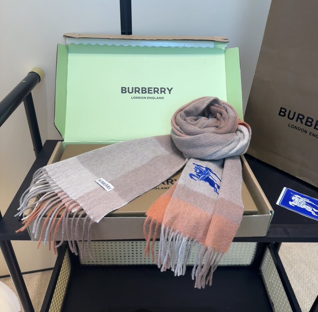 Burberry Taupe Plaid Fringed Scarf — side