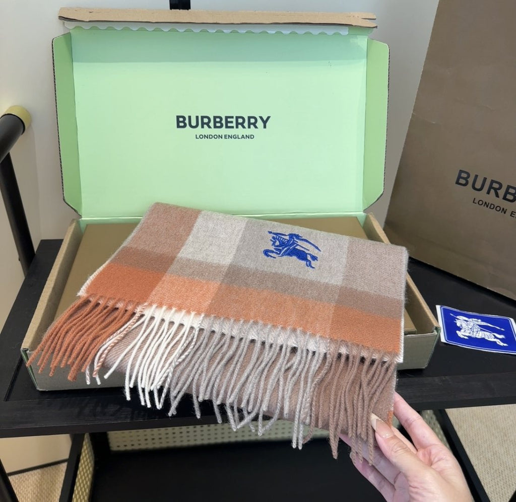 Burberry Taupe Plaid Fringed Scarf — front