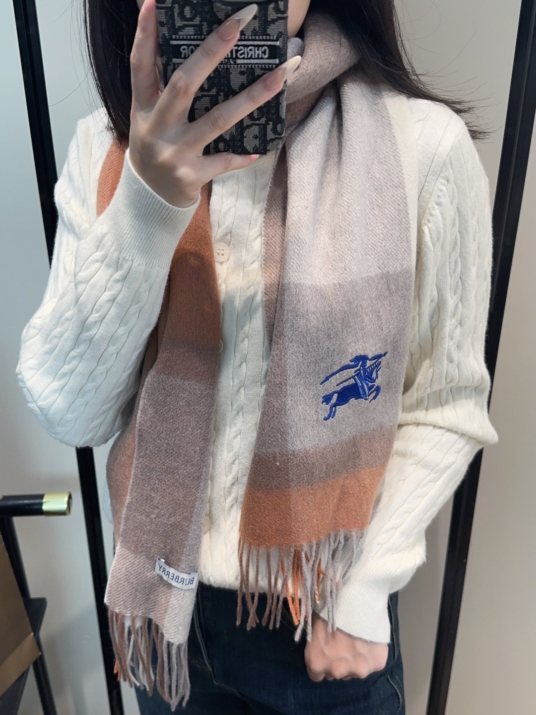 Burberry Taupe Plaid Fringed Scarf — model