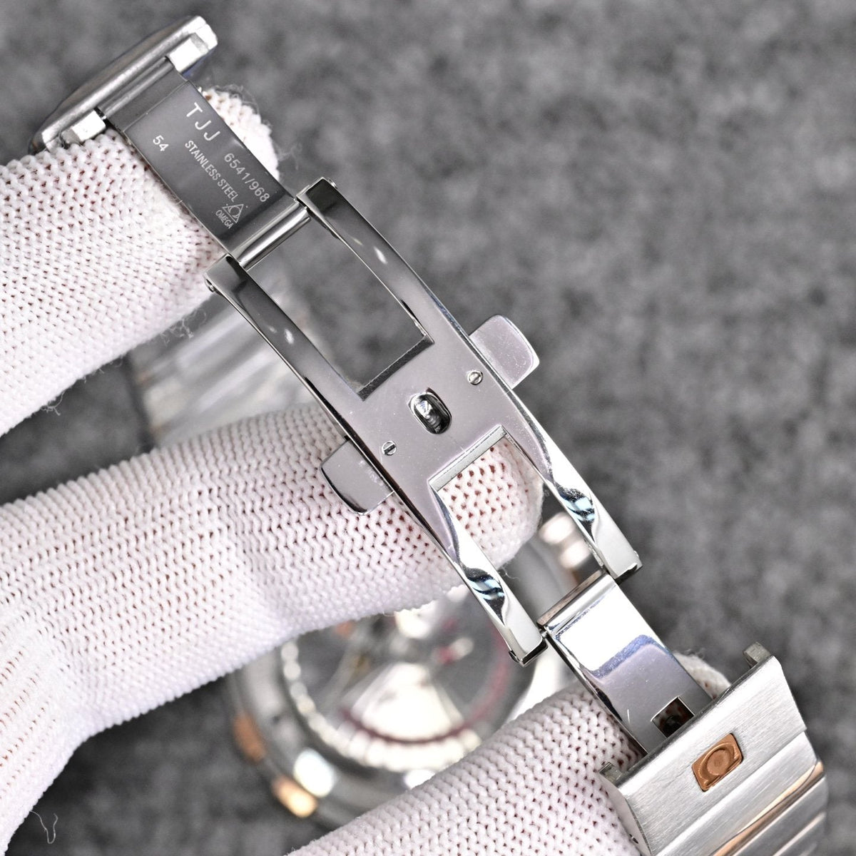 Omega Two Tone Silver Gold Dial Bracelet Watch — detail