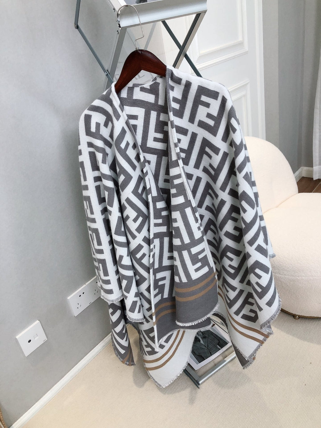 Fendi Geometric Monogram Fringe Shawl — hero