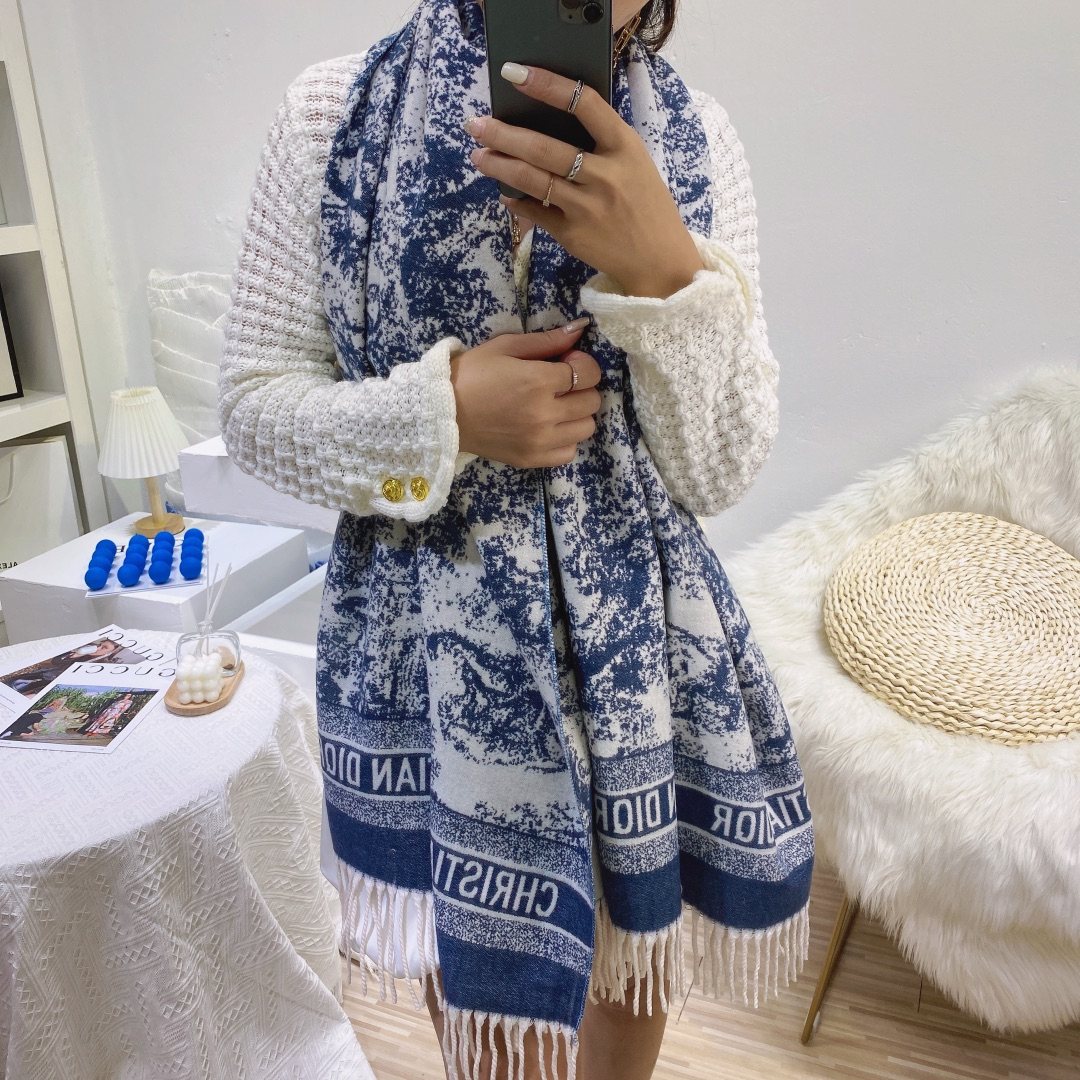 Dior Blue & White Toile Fringed Scarf — model