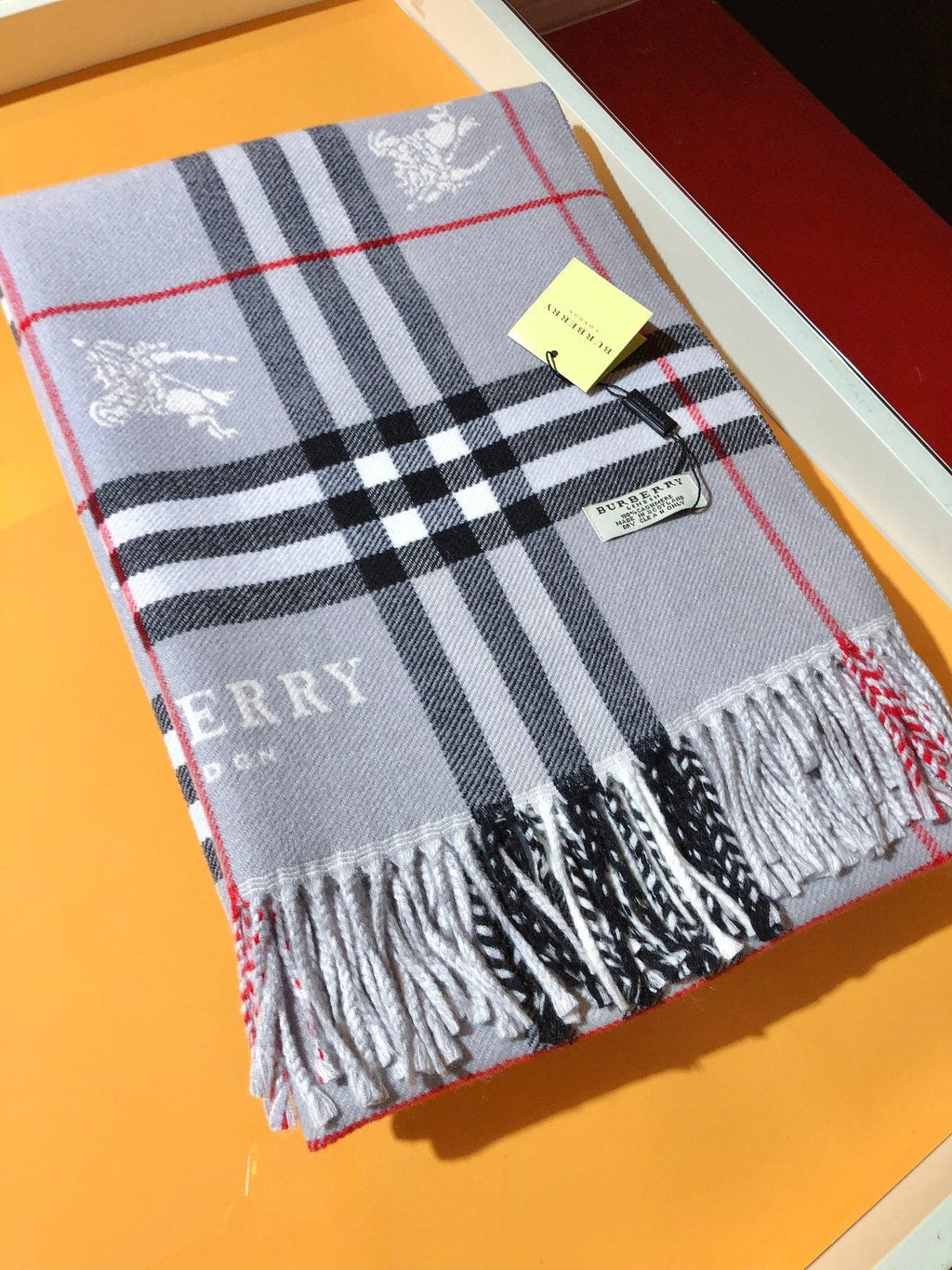 Burberry Embroidered Plaid Fringe Scarf — front