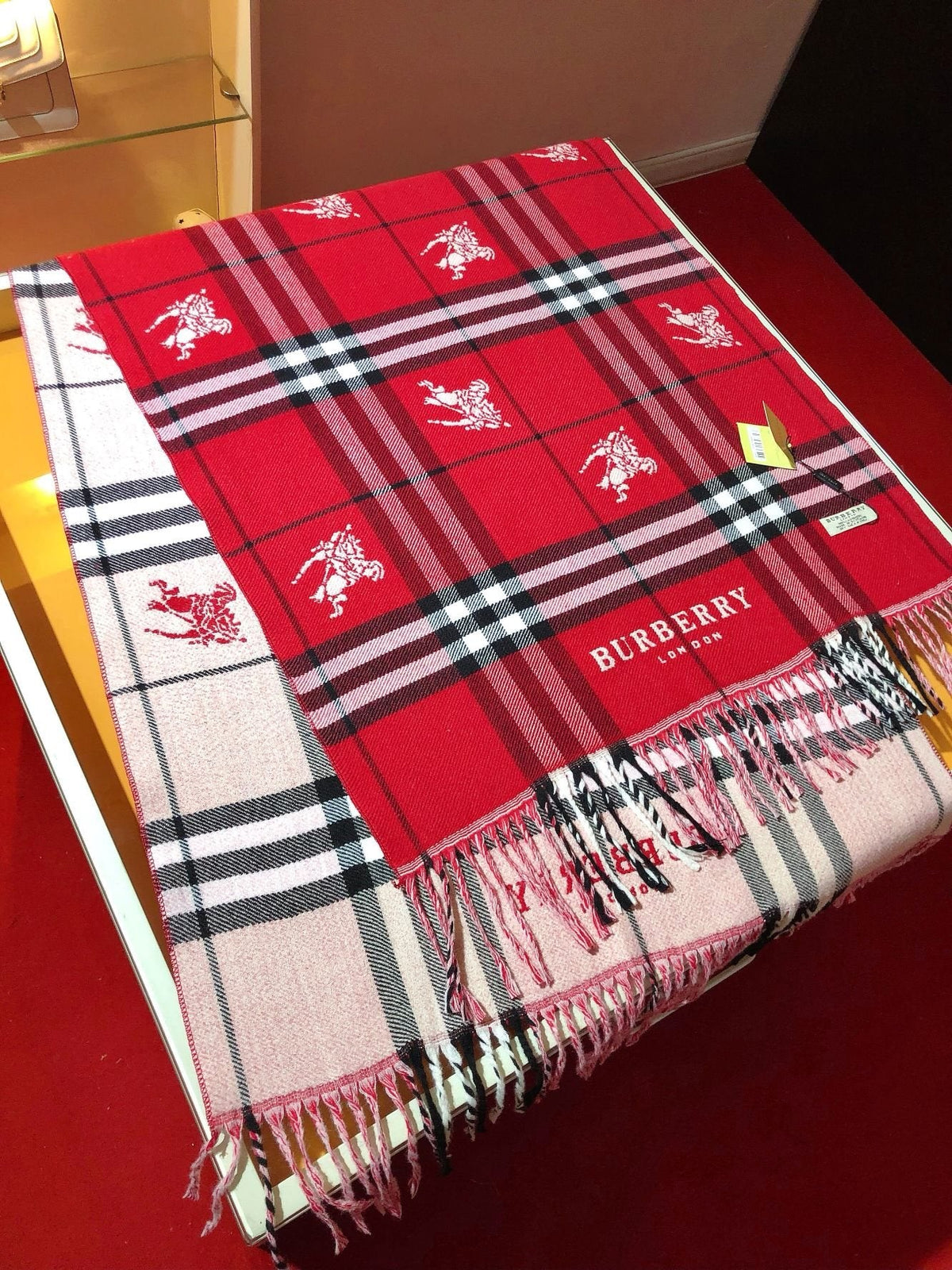 Burberry Embroidered Plaid Fringe Scarf — front