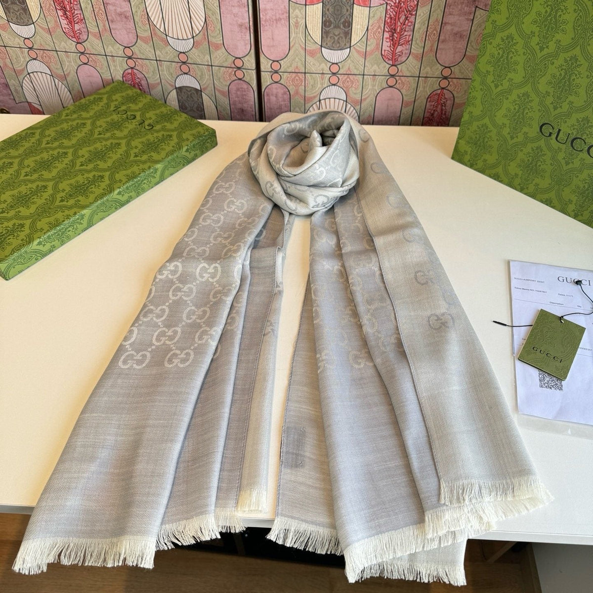 Gucci Reversible Monogram Fringe Scarf — hero