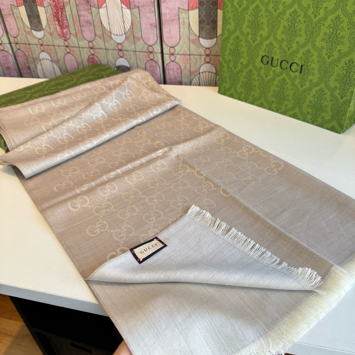 Gucci Reversible Monogram Fringe Scarf — front