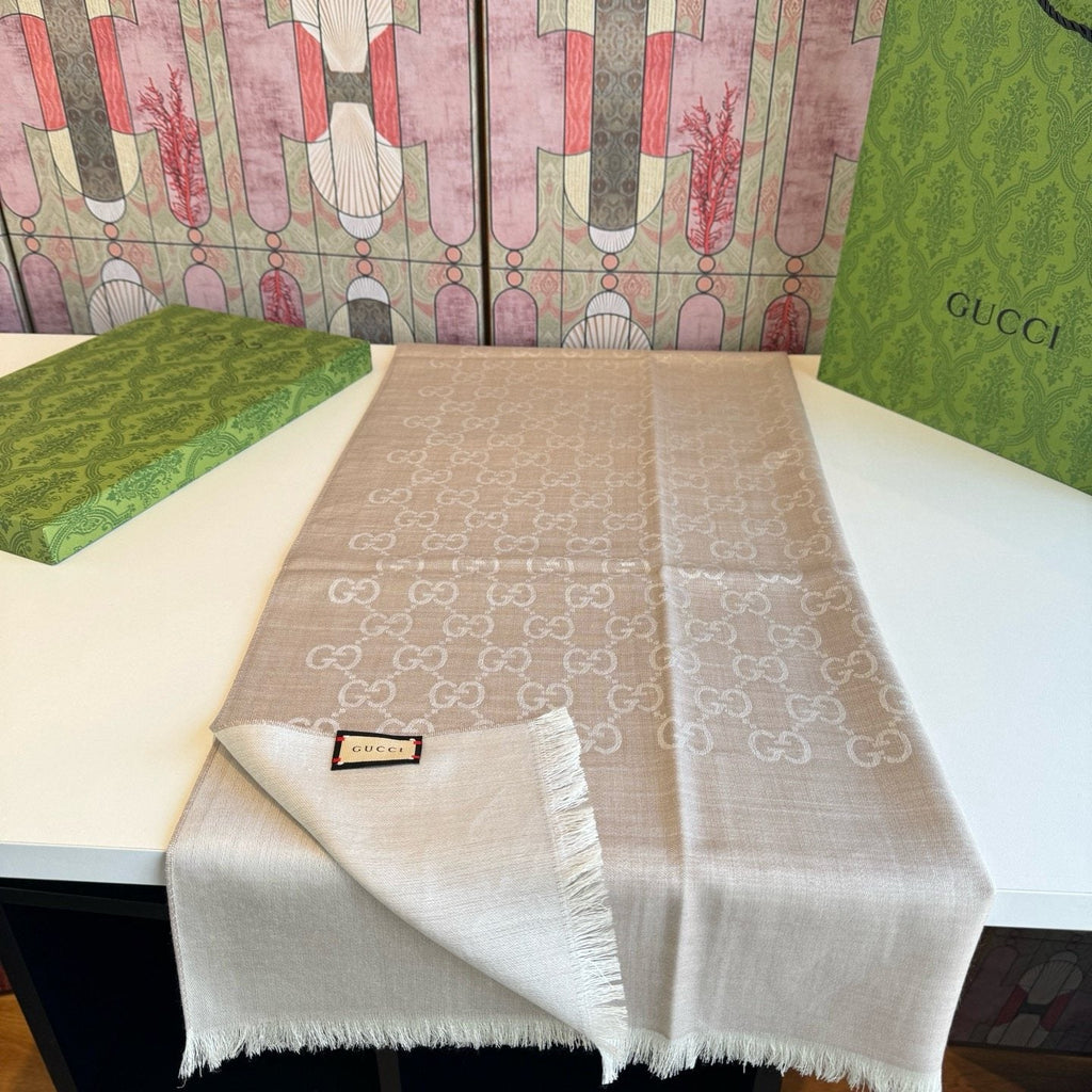 Gucci Reversible Monogram Fringe Scarf — front
