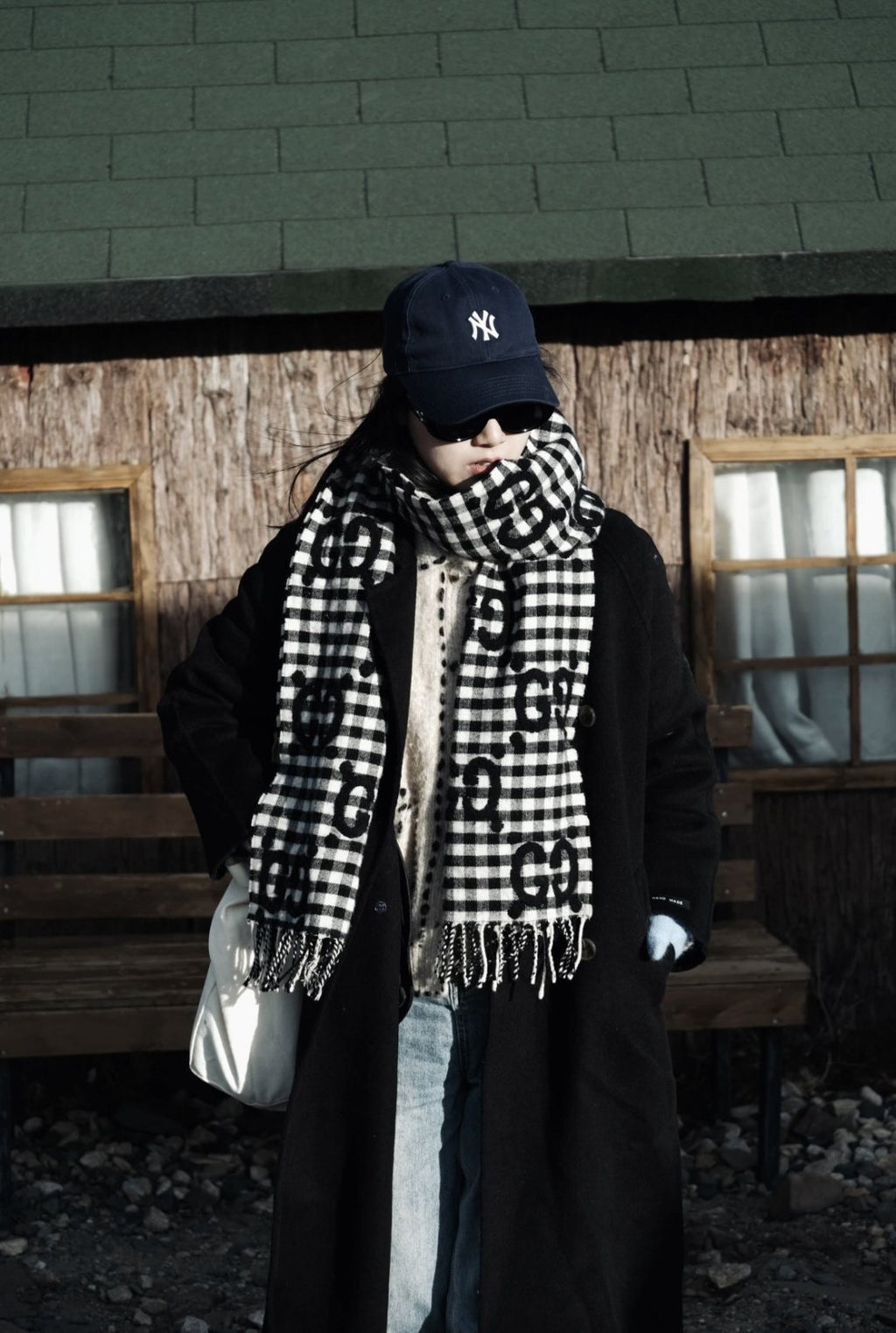 Gucci Black & White Check Scarf — model