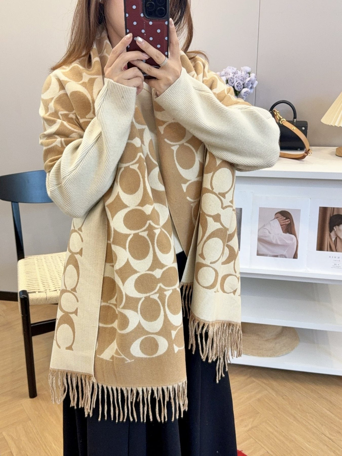Coach Fringed Woven Motif Scarf — model