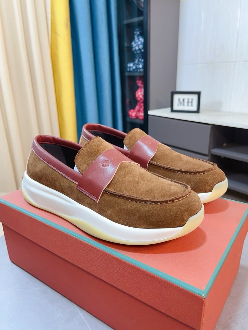 Loro Piana Navy Blue Contrast-Strap Loafers — front