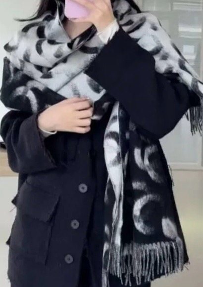 Chanel Black Fringed Patterned Scarf — model