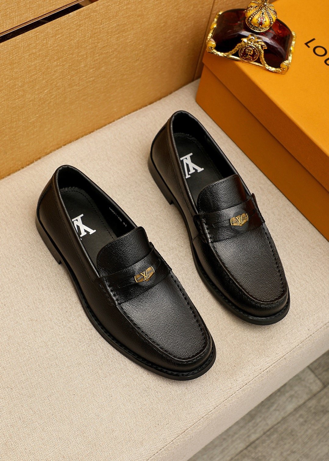 Louis Vuitton Black Leather Hardware Loafers — front