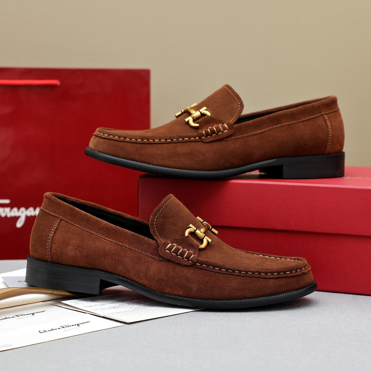 Ferragamo Suede Bit Loafers — front