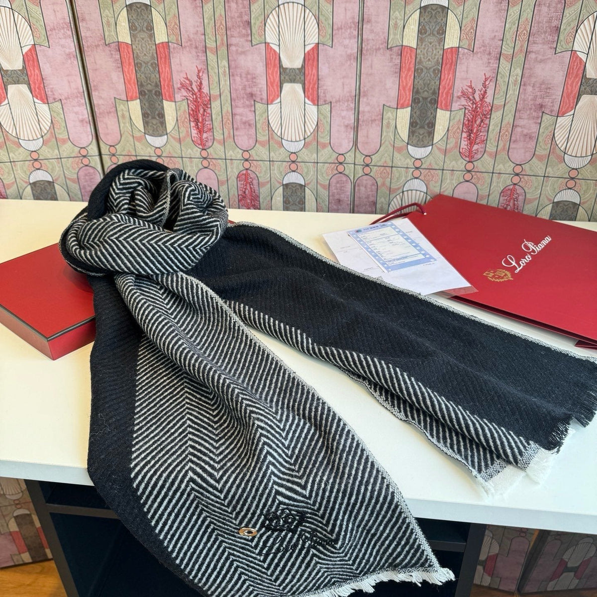 Loro Piana Herringbone Fringe Scarf — front