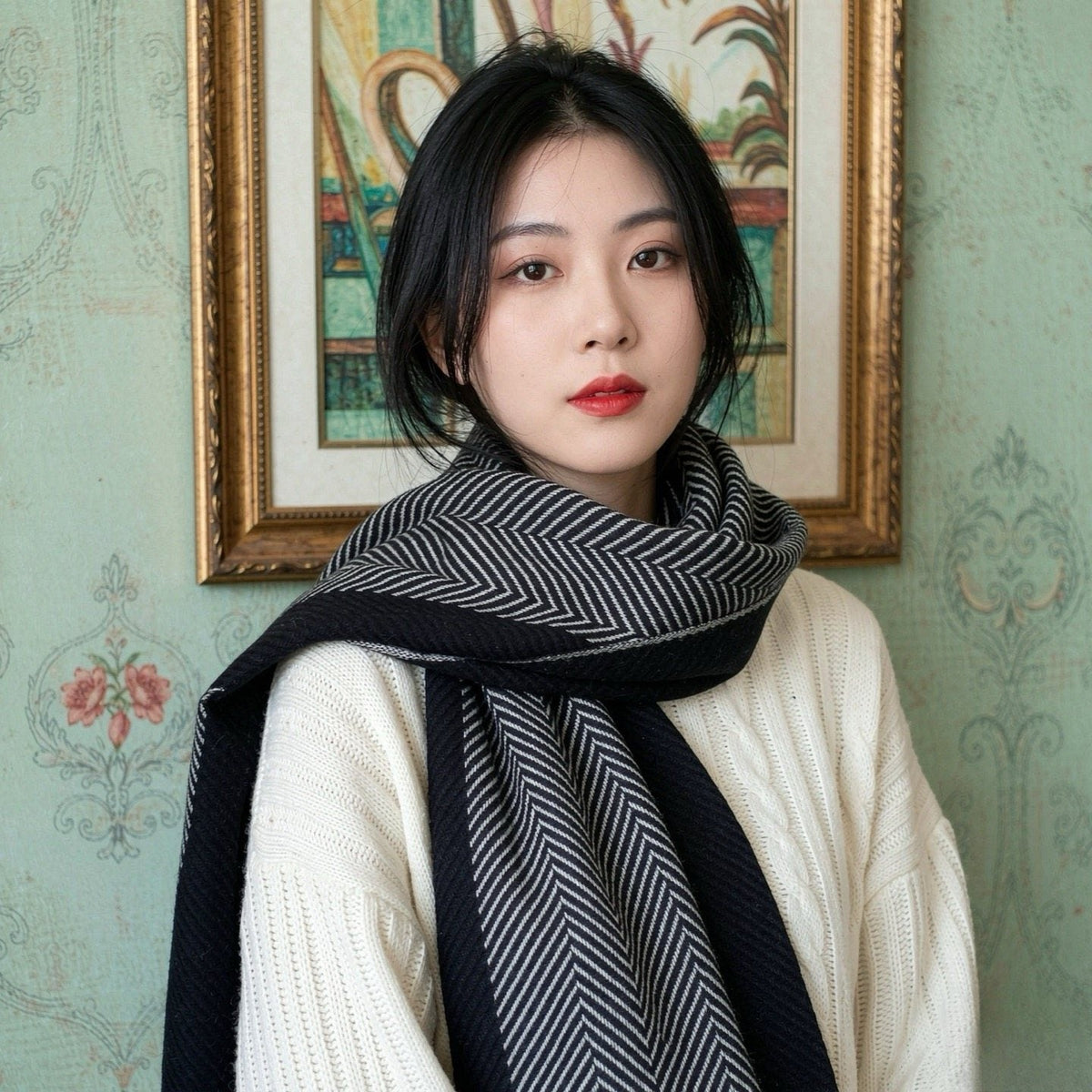 Loro Piana Herringbone Fringe Scarf — front