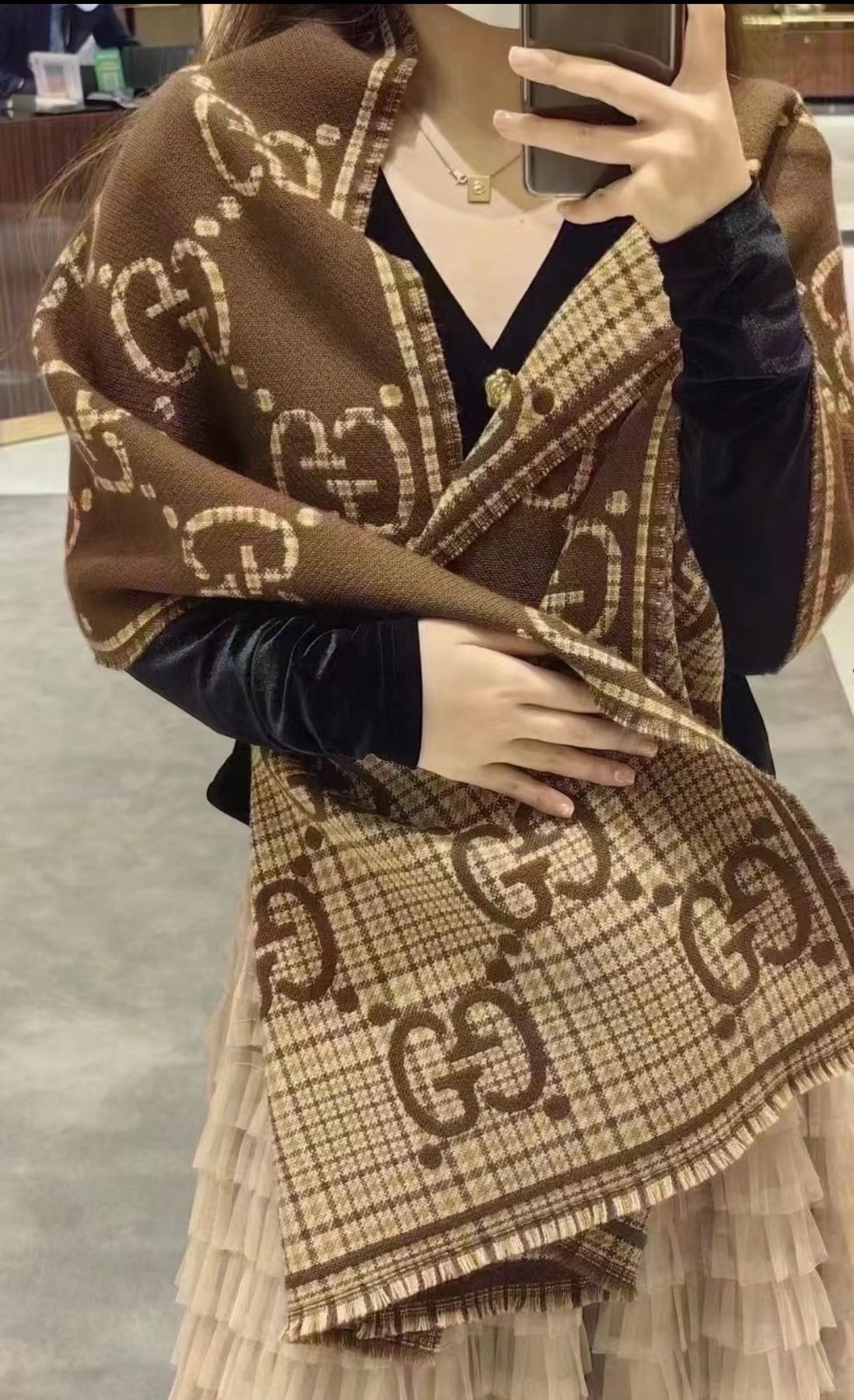 Gucci Fringed Motif Scarf — model