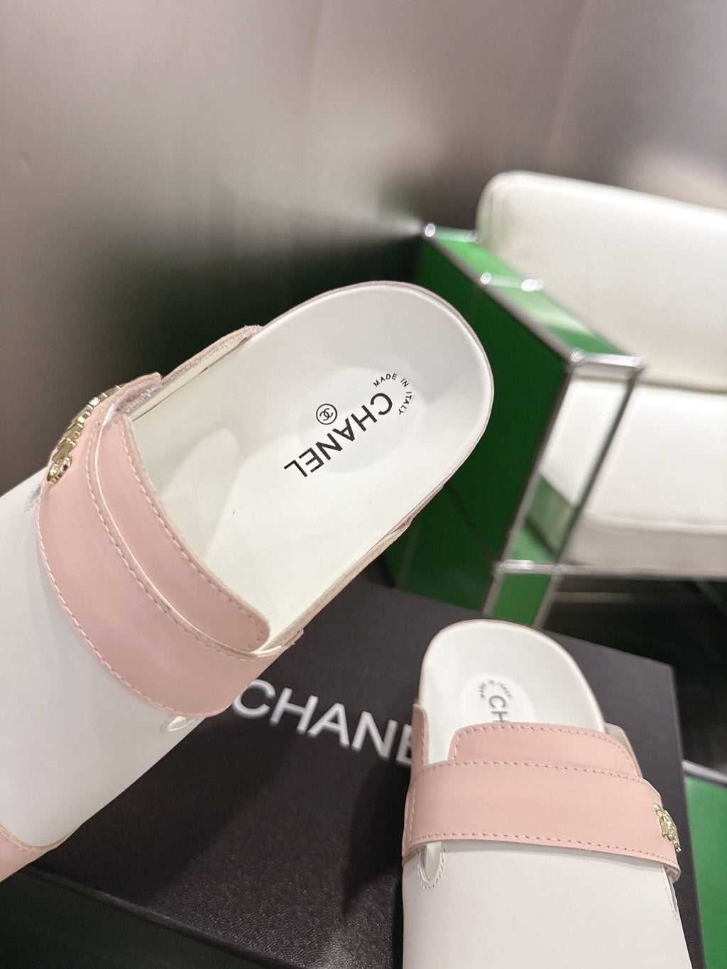 Chanel Quilted Closed-Toe Slide Sandals — label