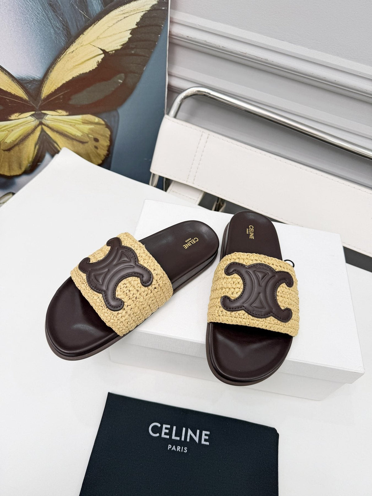 Celine Woven Emblem Slide Sandals — front