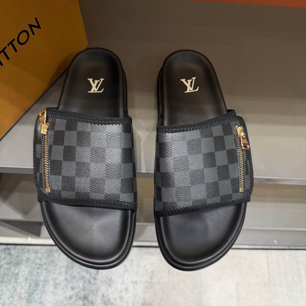 Louis Vuitton Checkered Zipper Slide Sandals — front