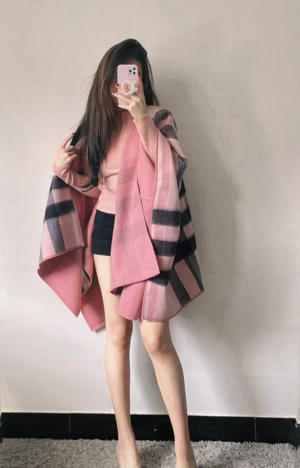 Burberry Reversible Plaid Cape Wrap — model