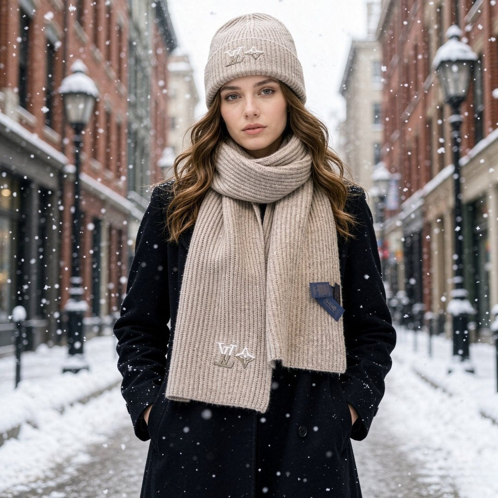 Louis Vuitton Rib-Knit Beanie & Scarf Set — model