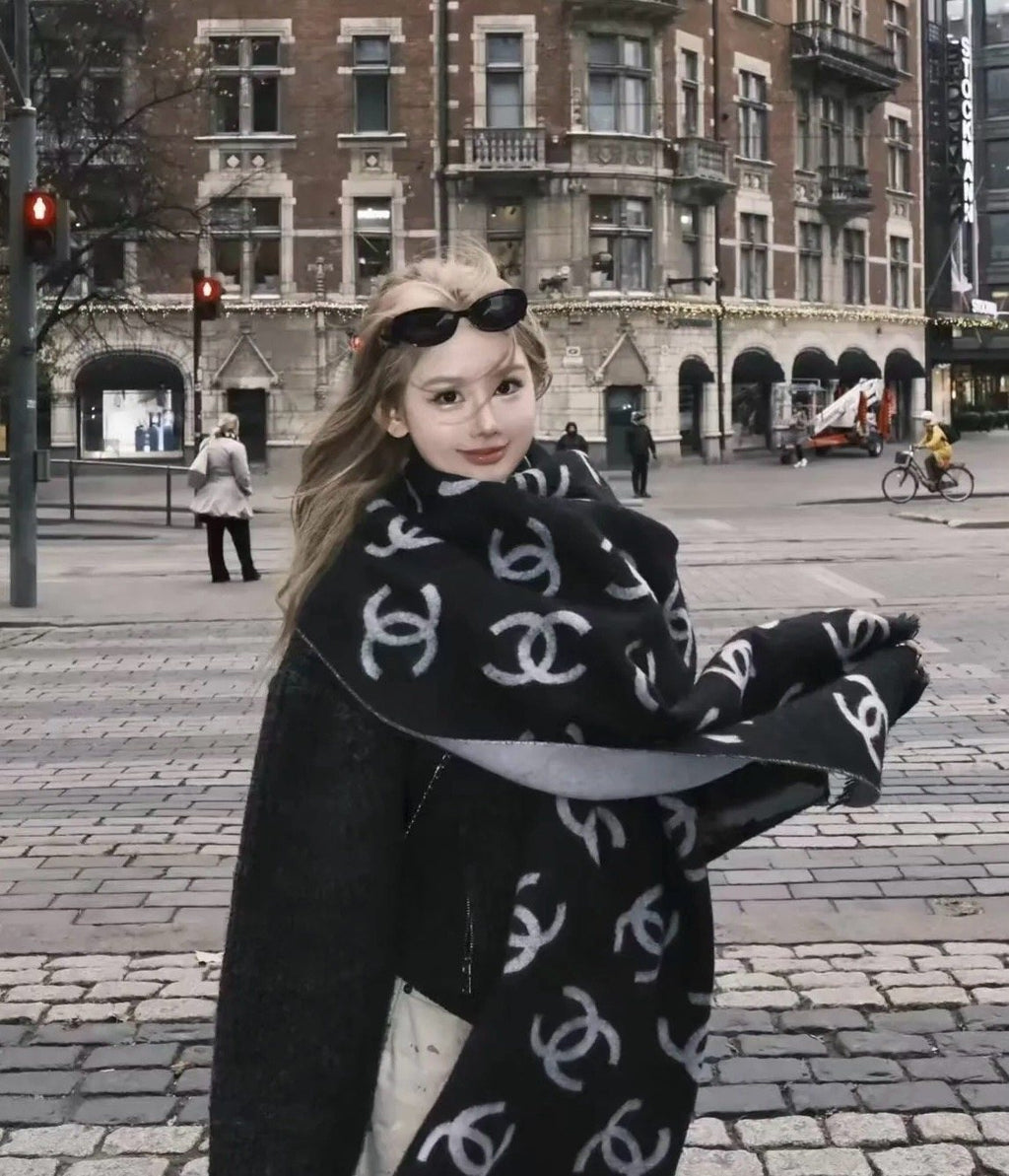 Chanel Reversible Logo Motif Scarf Shawl — model