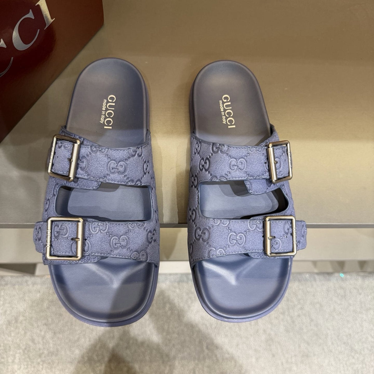 Gucci Two-Buckle Monogram Slide Sandals — front