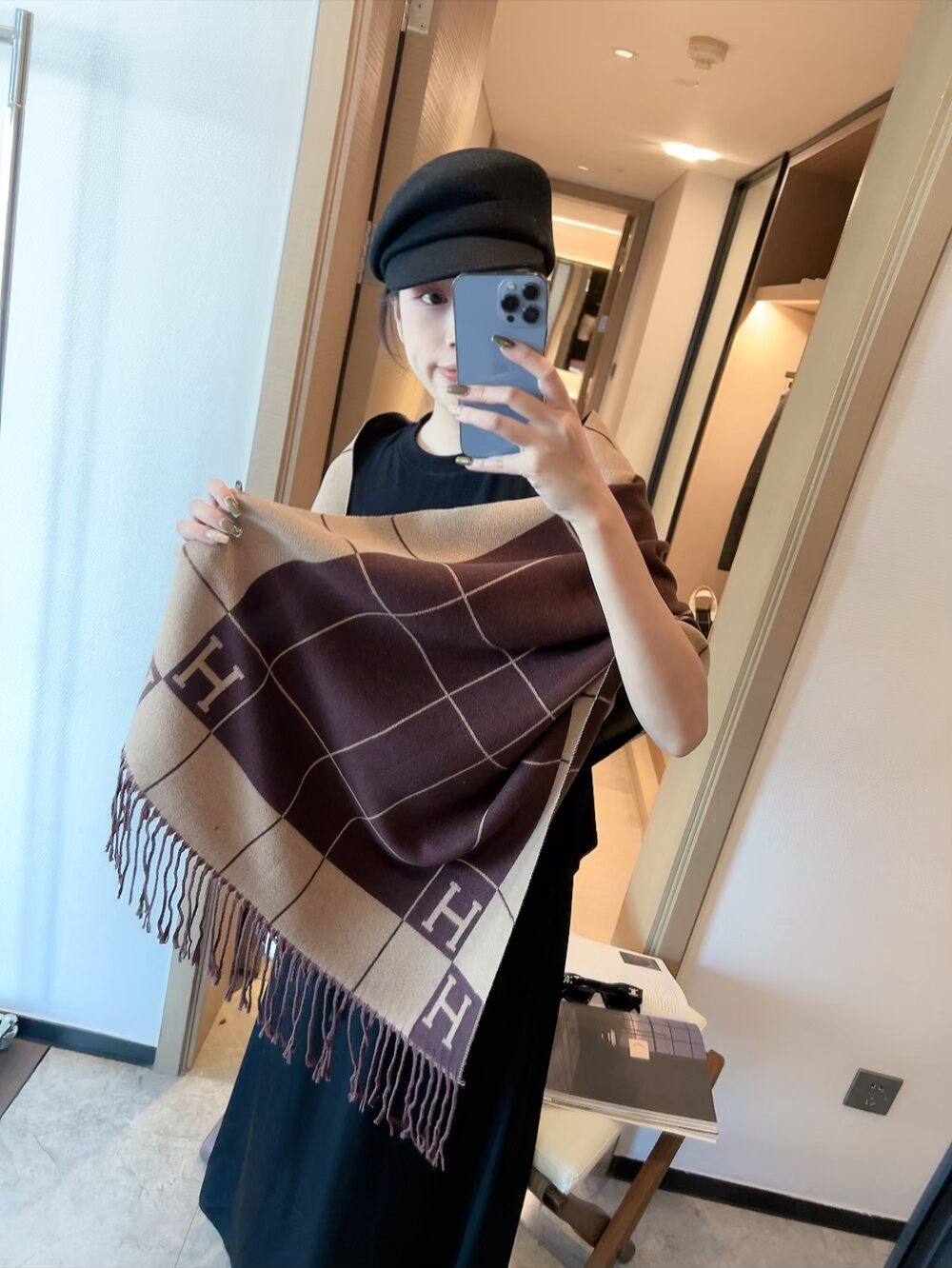 Fringed Grid Motif Scarf — model