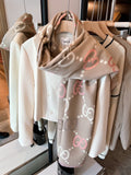 Pink-Beige Fringed Geometric Motif Scarf — front