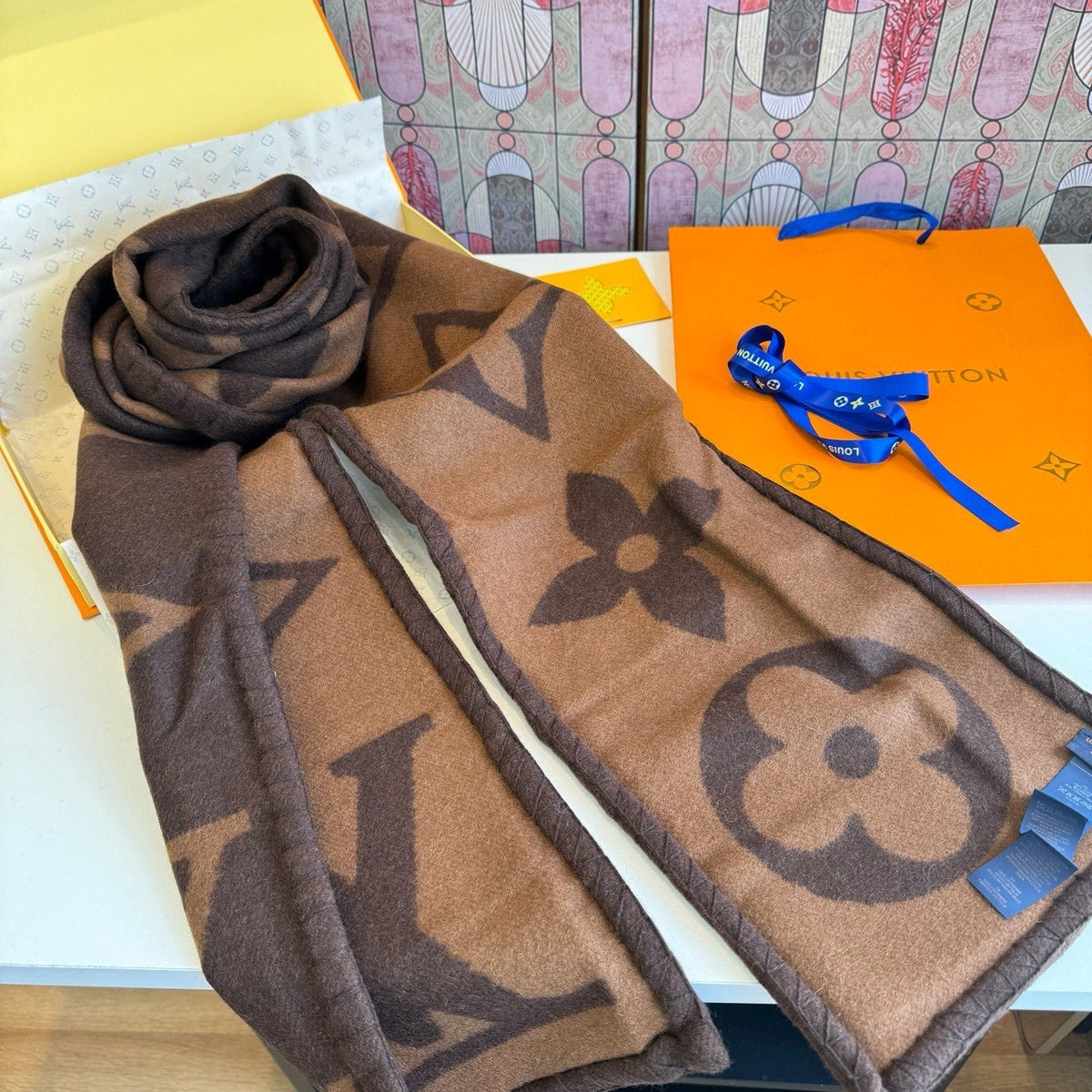 Louis Vuitton Brown and Tan Motif Scarf — side