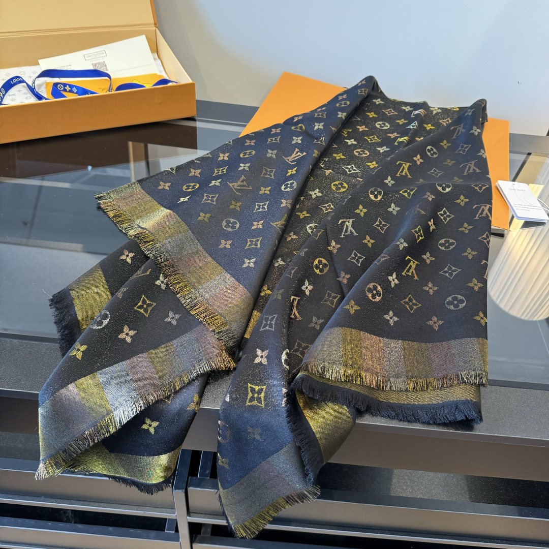 Louis Vuitton Charcoal Gold Monogram Fringed Shawl — side
