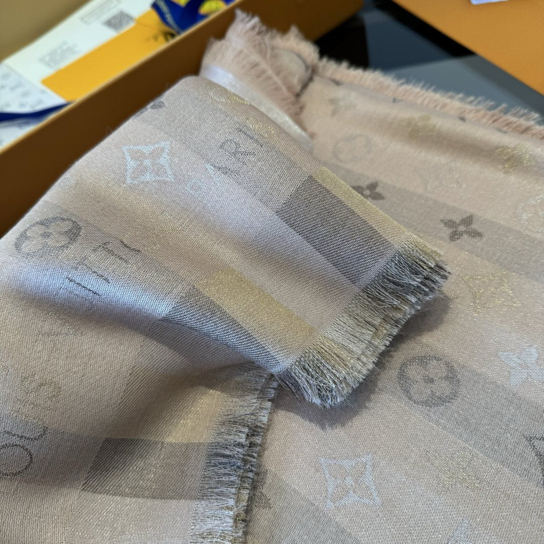 Louis Vuitton Charcoal Gold Monogram Fringed Shawl — detail