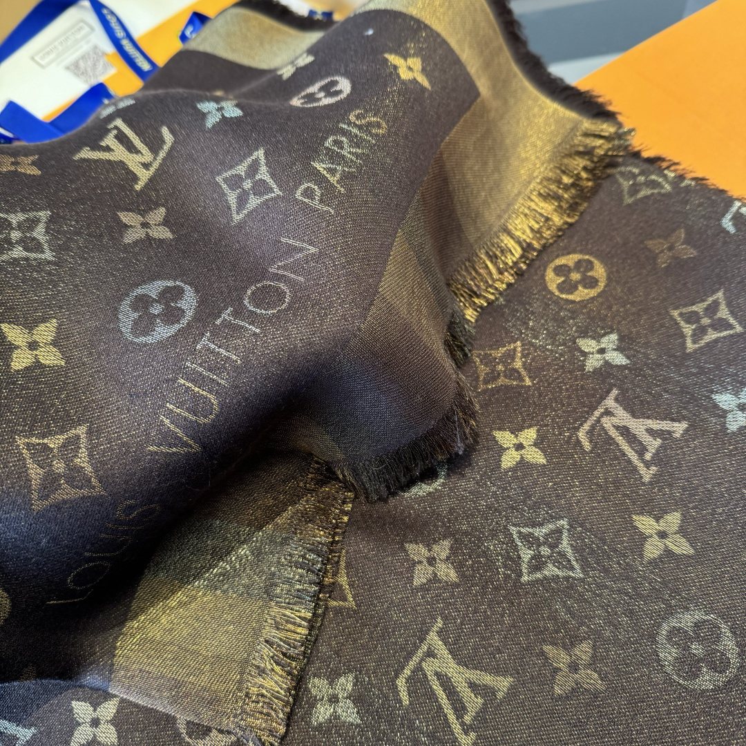 Louis Vuitton Charcoal Gold Monogram Fringed Shawl — detail
