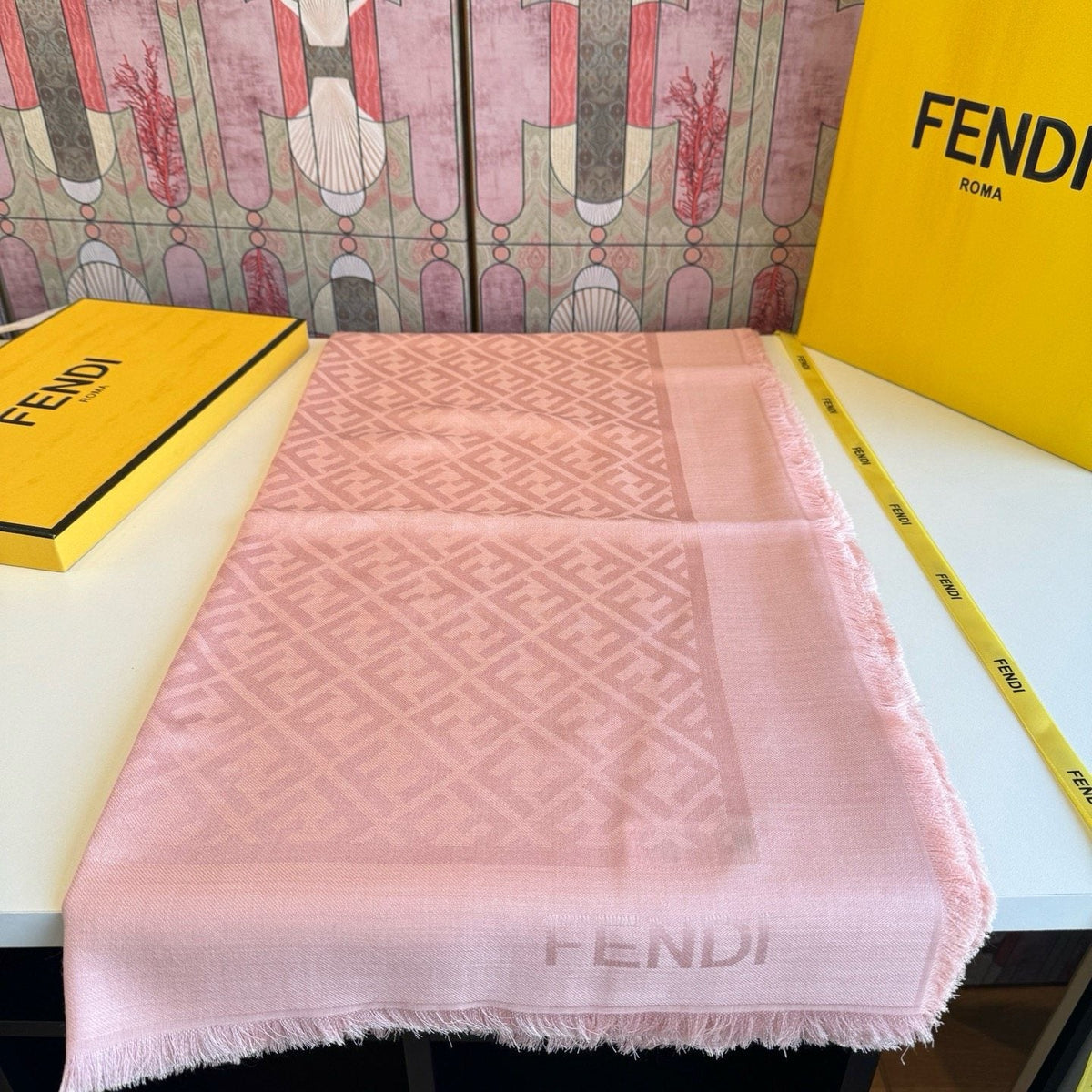 FENDI Fringed Geometric Monogram Scarf — front