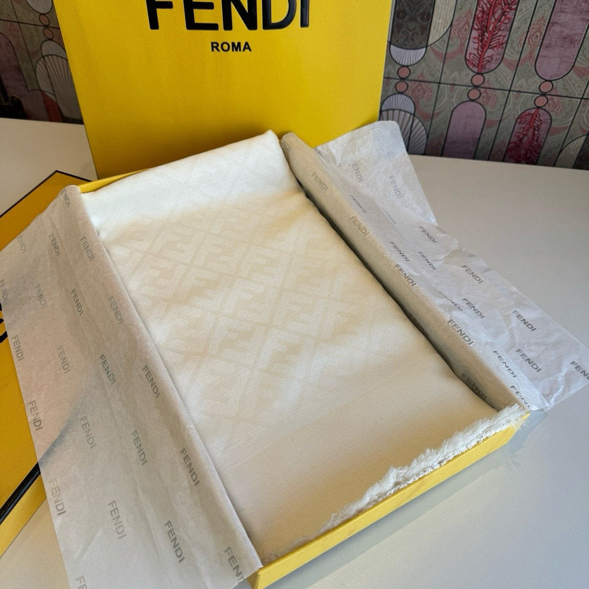 FENDI Fringed Geometric Monogram Scarf — front